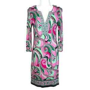 crown & ivy Dress Paisley 3 Quarter Sleeve Split V Neck Bright Pink Green Small